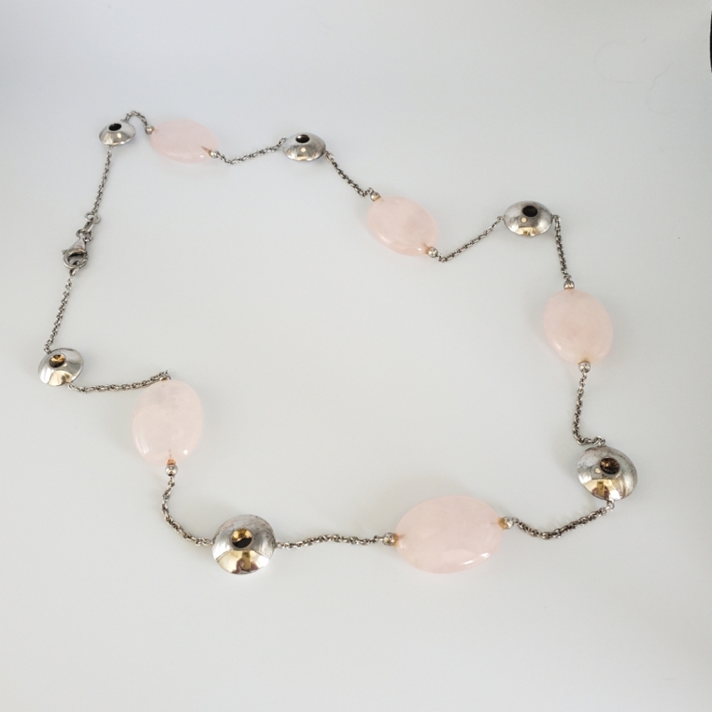 Italian Ross Simons Rose Quartz and Silver 24" Vintage Necklace. EUC..